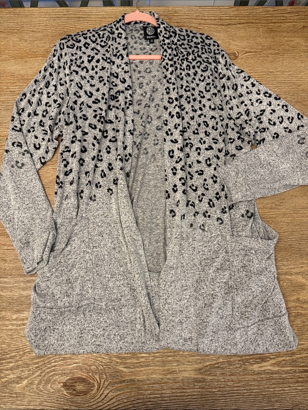 Bobeau Gray Leopard-Print Open Cardigan Sweater